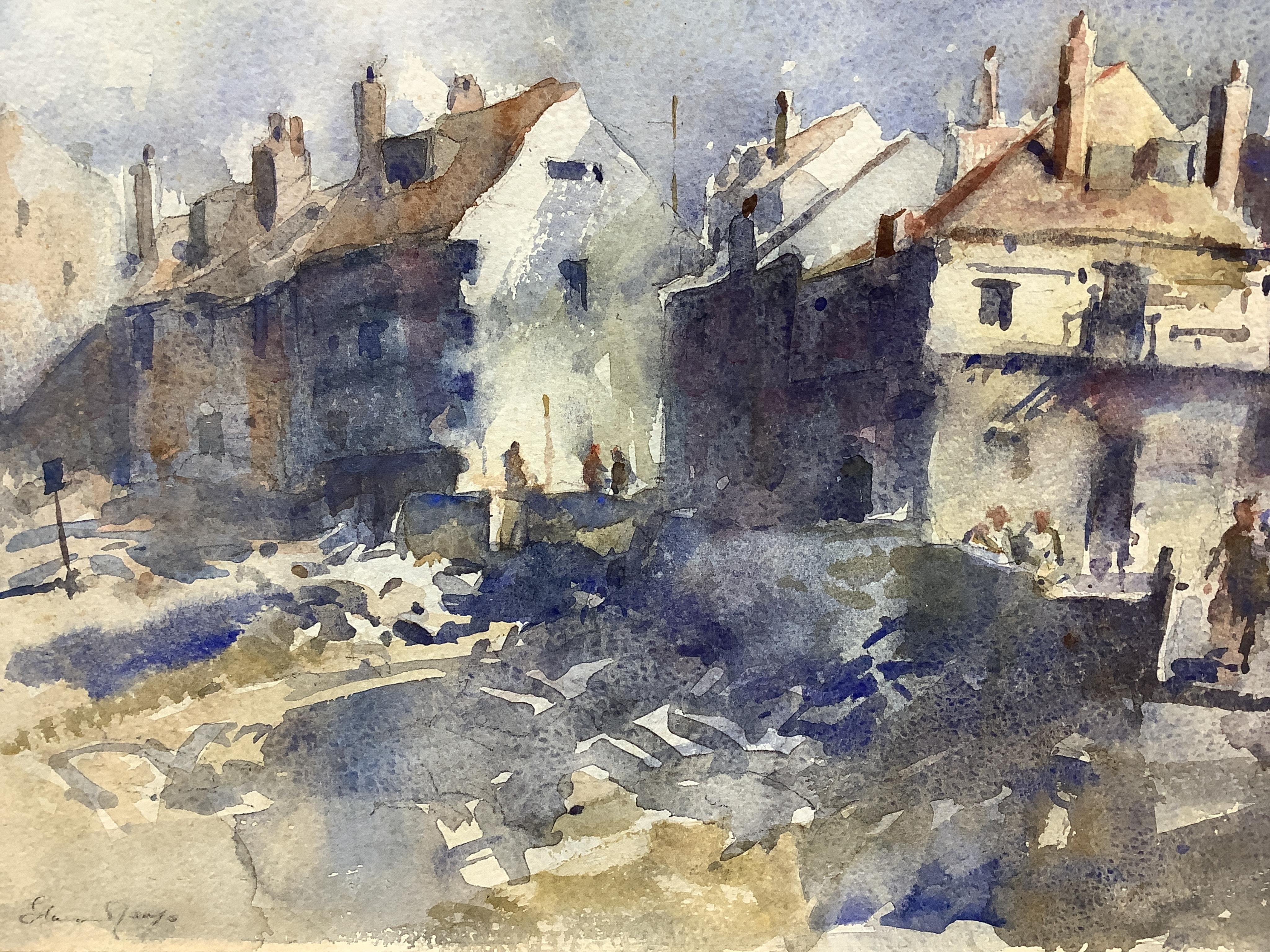 Follower of Edward Brian Seago RWS RBA (British, 1910-1974), watercolour on board, town scene, bears signature, 34x44cm. Condition - good